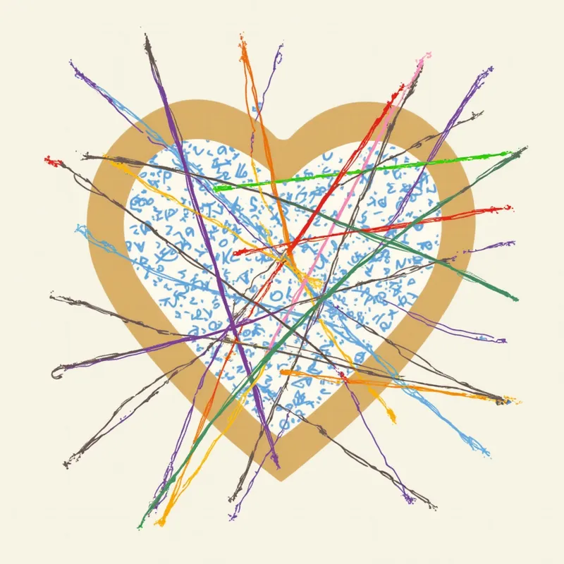 Colorful Lines in Triangular Shape - A series of colorful lines, including red, blue, green, yellow, purple, pink, and orange, intersect at various points within a brown, rounded triangular shape filled with light blue scribbles. - AI image generated with Photorealistic 2