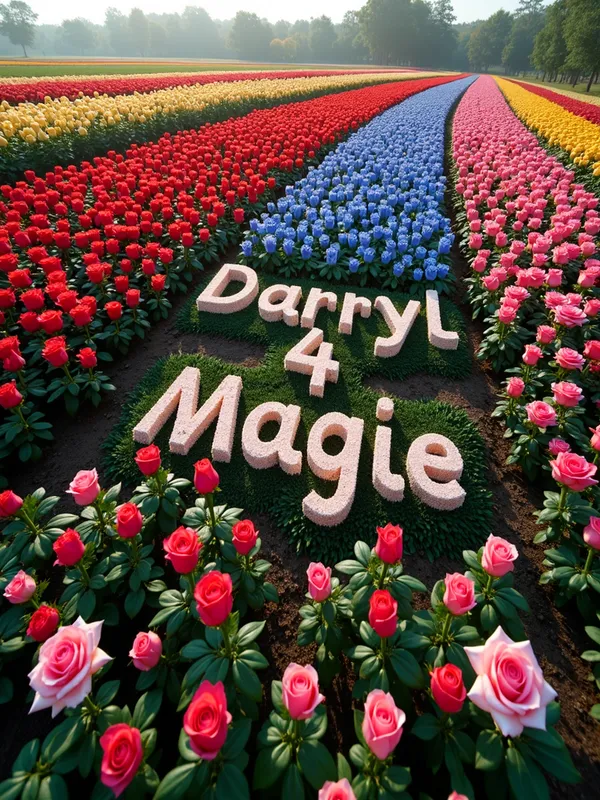 Colorful Love Garden - A beautiful padock filled with roses in striking colors: red, blue, yellow, pink, and black. The heartfelt message 'Darryl 4 Magie' is artfully woven into the landscape. - AI image generated with Photorealistic 2