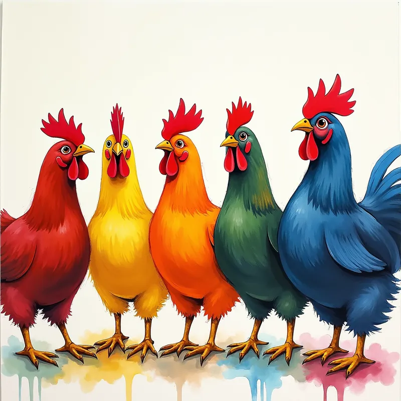 Colorful Matisse Chicken Art - A row of happy chickens .. Different colors. - AI image generated with Photorealistic 2 - oil painting with palette knife, abstract, colorful