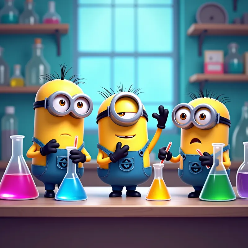 Colorful Minion Titration Lab - A vibrant scene of three minions performing titrations in a chemistry lab, brightly colored solutions and a variety of lab apparatus around them. - AI image generated with Photorealistic 2