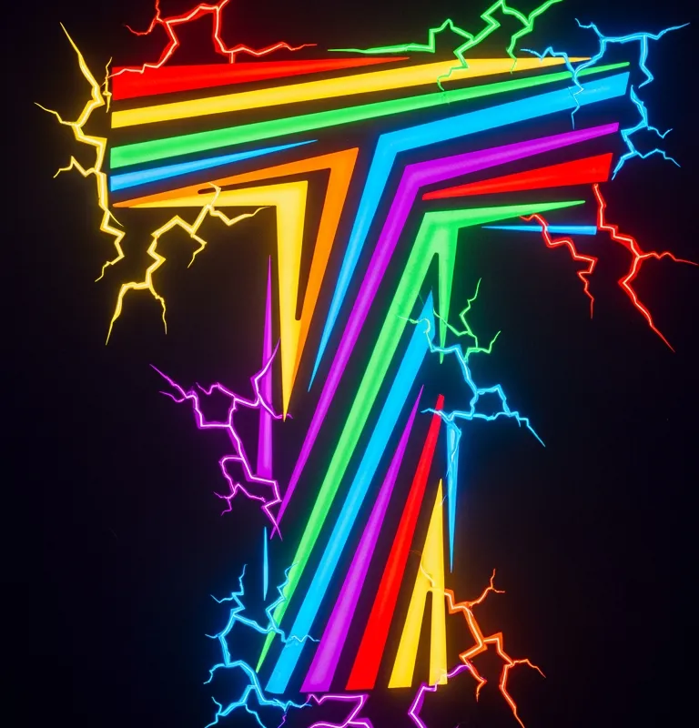 Colorful Neon Cracker T - An award-winning, simple and colorful image inspired by the letter T. The design features radiant neon colors and glowing outlines, with cracker bolt accents that come alive under blacklight. The abstract arrangement of the neon red, orange, yellow, green, blue, purple, and pink makes it visually intriguing and fresh. - AI image generated with Imagen 4 Ultra