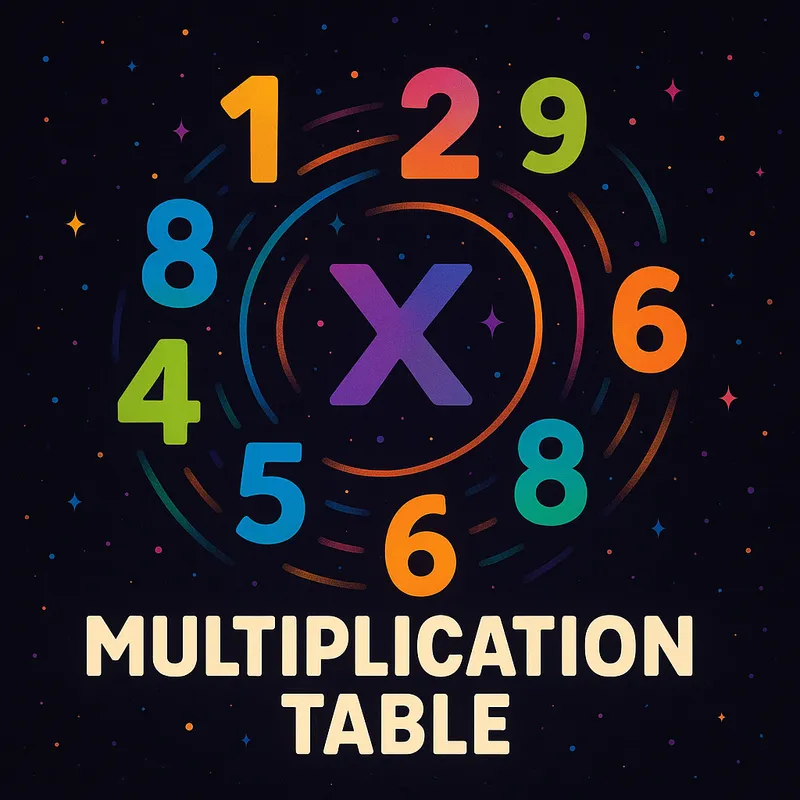 Colorful Numbers Galaxy - A vibrant, playful logo for a multiplication table game, featuring colorful numbers orbiting around a central point like galaxies. Each number is bold and stands out against a dark, starry background. - AI image generated with GPT Image