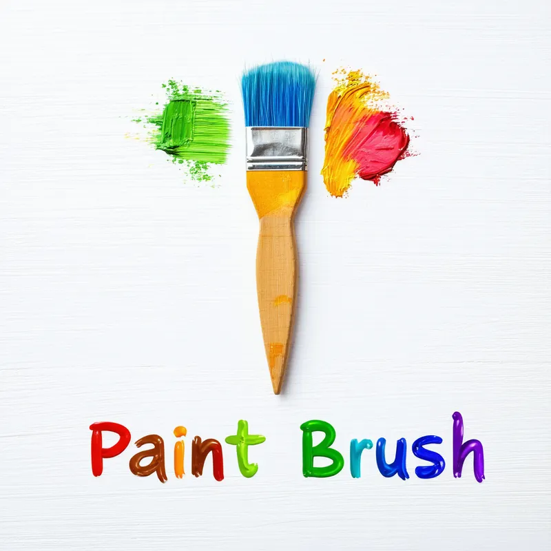 Colorful Paint Brush Art - Create an image with a white background that has "paint brush" in the middle and below the paint brush write "Paint Brush". Write each letter of "Paint" in different color. 
