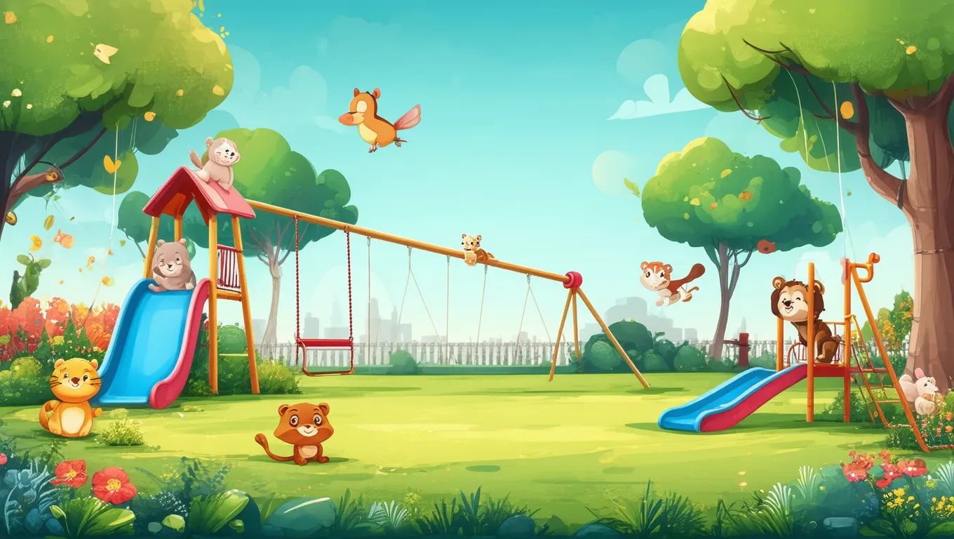 Colorful Park with Animals Playing - Children's illustration of a park with vibrant colors. There are animals on the slide, swing, seesaw...