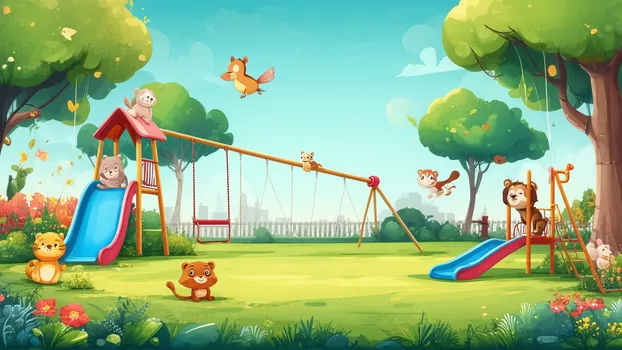 Colorful Park with Animals Playing