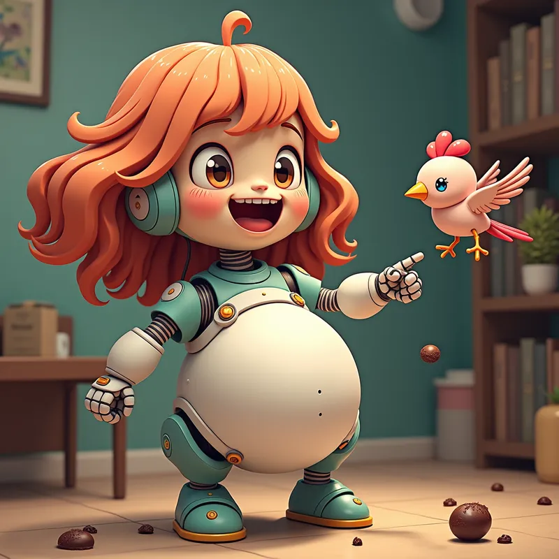Colorful Robot-Bird Encounter - A robot girl with large hair beams widely, pointing at a bird with the phrase 'আরেকটা দাও!'. Her belly is puffed out like a balloon. The bird is in the act of tossing another chocolate treat. The ambiance is rich with colors and detailed, rendered in a realistic manner in a 9:16 ratio, featuring the same character. - AI image generated with Photorealistic 2