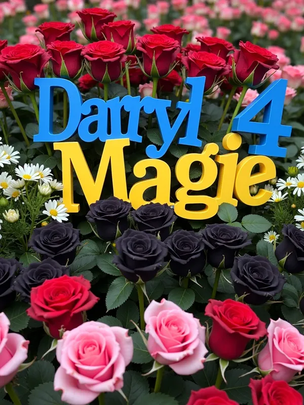 Colorful Rose Oasis - An oasis of roses featuring a mix of red, blue, yellow, pink, and black blossoms. The words 'Darryl 4 Magie' stand prominently among the flowers, creating a heartfelt and colorful scene. - AI image generated with Photorealistic 2