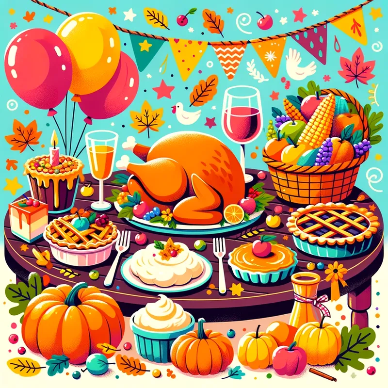 Colorful Thanksgiving Feast - A vibrant and playful Thanksgiving card for kids, featuring a table laden with a delicious feast. Brightly colored turkey, mashed potatoes, pies, and cornucopias full of fruits and vegetables. Festive decorations like pumpkins, leaves, and balloons in the background. - AI image generated with Art