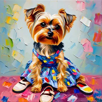 Colorful Yorkie Oil Painting in Dress