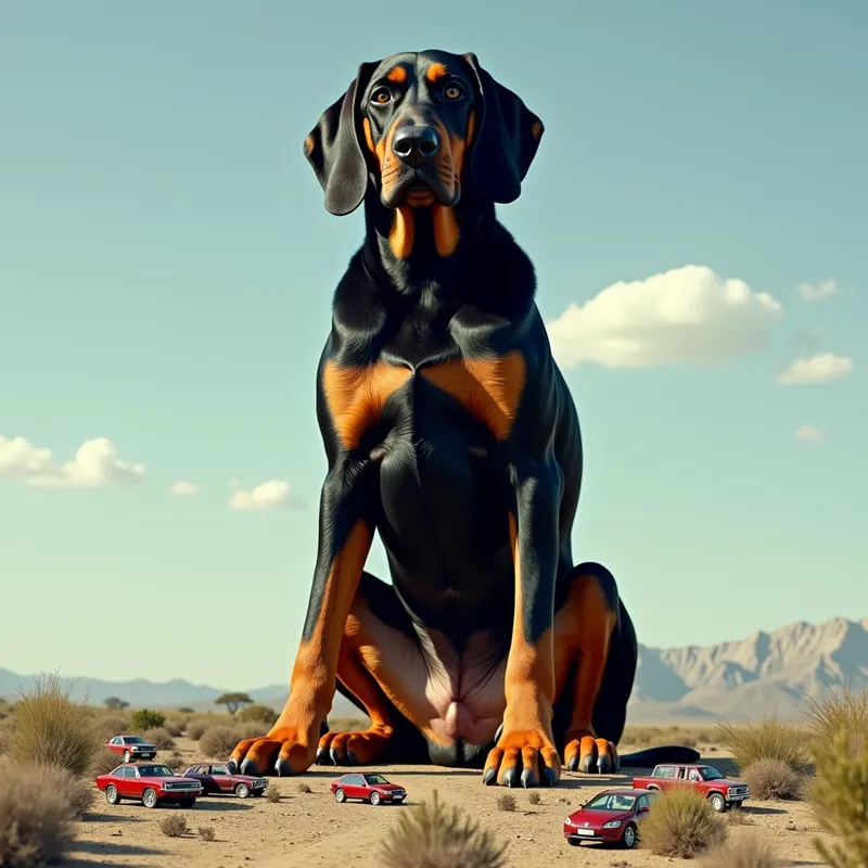 Colossal Bloodhound Over Earth - A colossal black and brown bloodhound, towering over the landscape at 100 million feet tall, sits on the Earth. The dog's immense size is highlighted by the tiny cars scattered around her massive paws and the visible curvature of the Earth beneath her. - AI image generated with Photorealistic 2