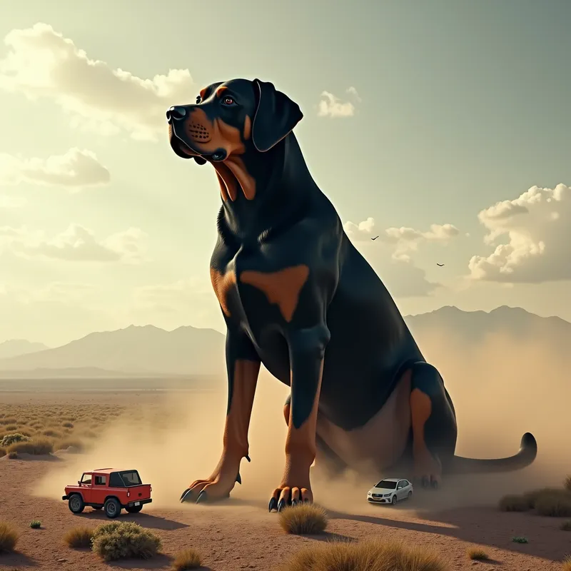 Colossal Bloodhound Over Landscape - A colossal black and brown bloodhound, towering over the landscape at 100 million feet tall, sits majestically on the Earth. Tiny cars scattered around her massive presence, and dust flies into the air as she sits. - AI image generated with Photorealistic 2