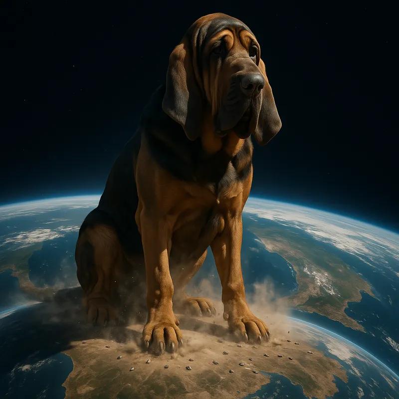 Colossal Bloodhound Towers Earth - A massive black and brown bloodhound imposingly sits on the Earth, towering at a height of 100 million feet. Upon standing, puffs of dust scatter, and the ground bears the weight of her colossal presence, surrounded by what appears as tiny cars. From a space view, the bloodhound's sheer size eclipses the planet below. - AI image generated with GPT Image - photorealistic