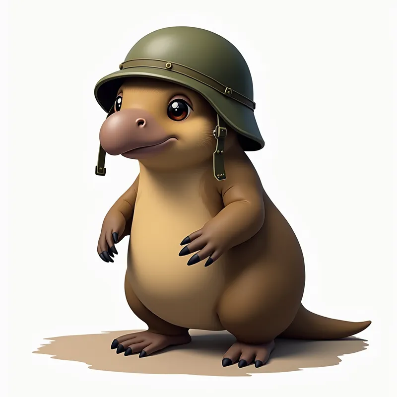 Combat Platypus - A realistically rendered platypus sporting an army helmet, situated on a plain white background. - AI image generated with Photorealistic 2
