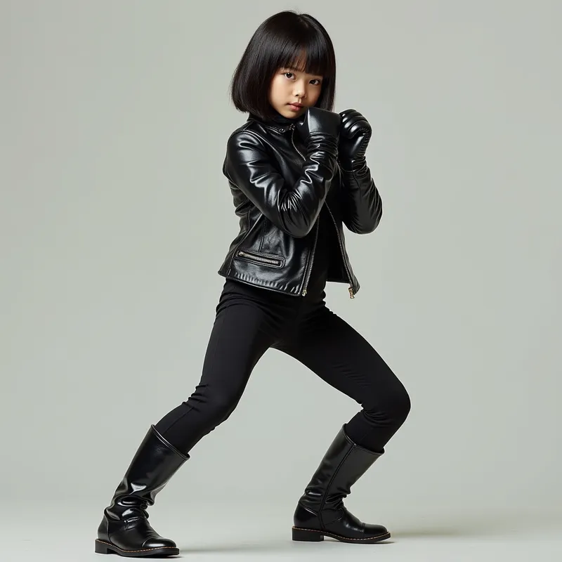 Combat-Ready Asian Girl in Black Leather - A beautiful East Asian girl with a sleek bob haircut, wearing a shiny black leather jacket, matching glossy black leather gloves, tight black leather pants, and smooth, shiny black leather boots. She stands in a martial arts guard stance in front of the viewer, exuding confidence and strength. - AI image generated with Photorealistic 2
