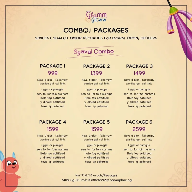 Combo Packages for Radiant Karwa Chauth Look - Showcase the special combo packages available at Glamm & Gloww salon for Karwa Chauth. Highlight Package 1 at 999, Package 2 at 1399, Package 3 at 1499, Package 4 at 1999, Package 5 at 1599, and Package 6 at 2999, with details of each package. - AI image generated with Photorealistic 2