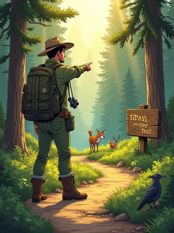 Comic Forest Ranger Scene - Highly detailed single-panel comic illustration of a friendly forest ranger standing on a sun-dappled trail in an old-growth forest. Mid shot, slightly low angle to emphasize heroism. Gender-neutral ranger (mid-30s), sturdy build, olive-green uniform jacket, wide-brim ranger hat with badge, hiking boots, utility belt with map, compass and walkie-talkie, binoculars in hand, pointing toward a distant trail. Surroundings: tall mossy firs and ferns, sunbeams breaking through the canopy, a winding dirt path, small wildlife (deer peeking between trees, red fox at the edge of the trail, raven perched on a low branch), and a rustic wooden trail sign with an engraved map. Mood: warm, hopeful, adventurous. Comic style: clean bold ink lines, expressive hatching and crosshatching, dynamic composition and panel energy, slight halftone shading and screentone texture, cel-shaded colors with a natural yet saturated palette and subtle painterly brush texture. Lighting: golden-hour rim light with soft volumetric fog and rays filtering through leaves. Composition: ranger in the left third foreground, animals and sign in midground, receding forest leading the eye into depth; clear focal point on the ranger's face and gesture. Optional speech bubble with friendly text 'Stay on the trail!'. Render in high detail, cinematic, crisp linework, high resolution (4k). --ar 16:9 --v 5 --q 2 - AI image generated with Photorealistic 2