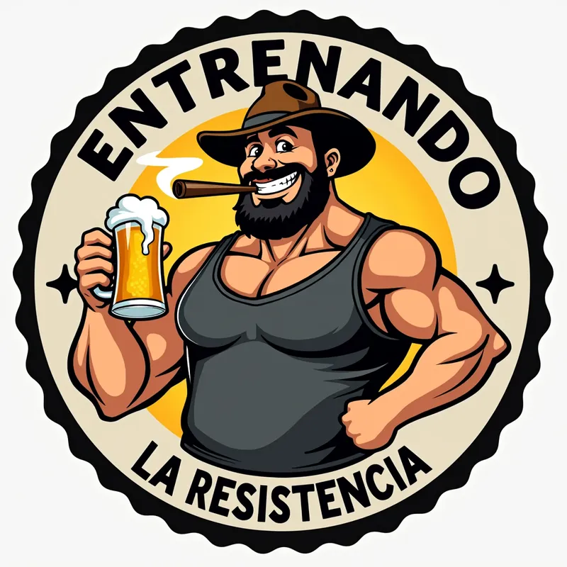 Comical Beer Man Logo - Create a circular logo featuring a cartoon-like image of a stout man donning a tank top, cheerfully holding a beer mug, smoking a cigar, and wearing a hat. The text 'ENTRENANDO' should crown the logo, while 'LA RESISTENCIA' should anchor it at the bottom. - AI image generated with Text