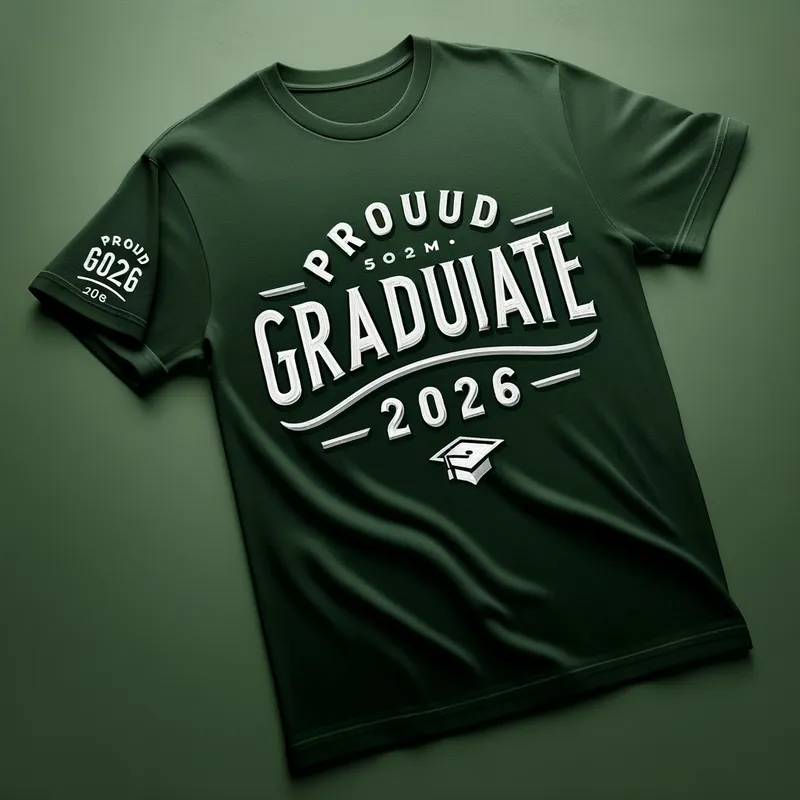 Commemorative T-shirt Design 2026 - A dark green T-shirt with 'Proud Graduate 2026' in elegant white lettering. The design should be minimalist yet impactful, with a small graduation year emblem on the sleeve. - AI image generated with Art