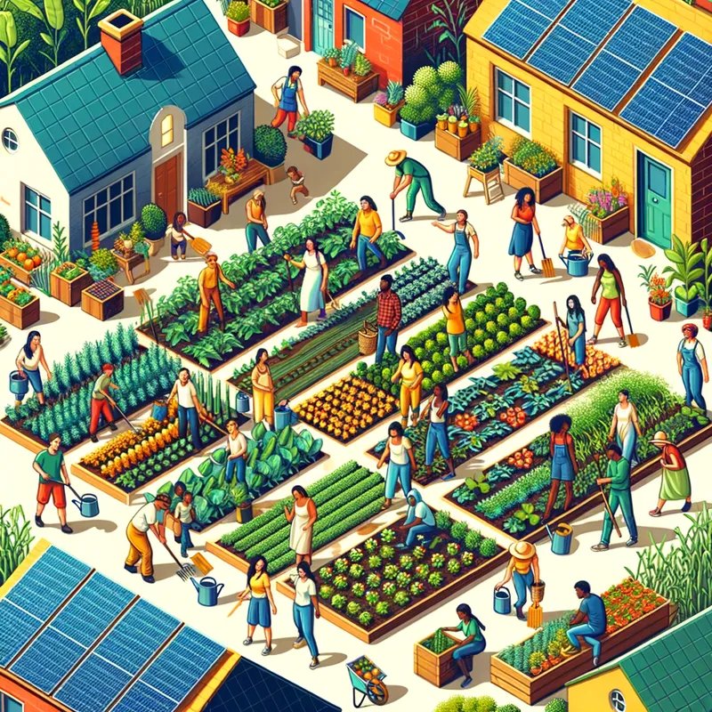 Community Garden - A vibrant community garden with diverse people planting, watering, and harvesting vegetables. Solar panels can be seen on nearby rooftops. - AI image generated with Art