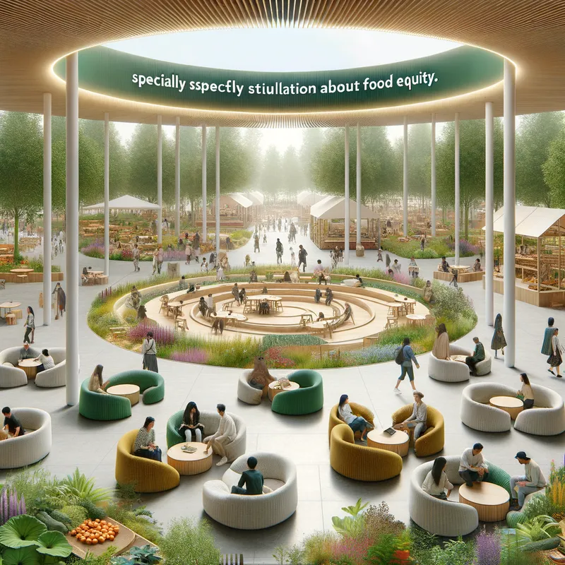 Community Gathering Center - A central gathering hub within the park where people of all backgrounds come together to share their experiences and stories. The design features comfortable seating areas, an open-air pavilion, and art installations that foster a sense of community and dialogue about food equity. - AI image generated with Art