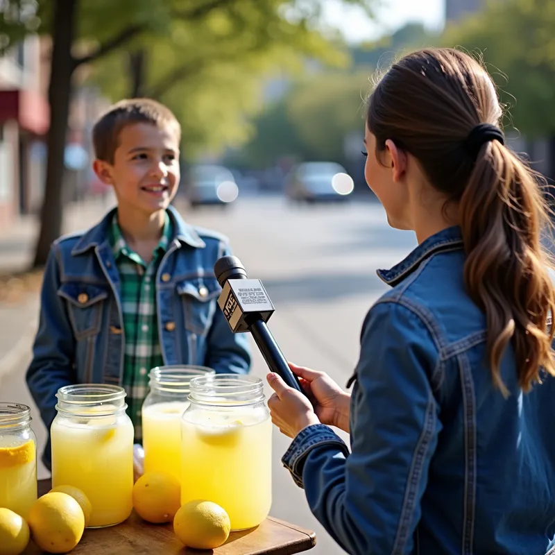 Community Stars Boy's Lemonade - A local news reporter interviews the boy at his lemonade stand, capturing the moment of his entrepreneurial success and the support from the community. - AI image generated with Photorealistic 2