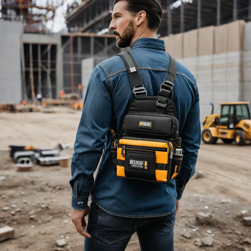 Compact Construction Sling Bag - A hybrid sling bag designed for construction workers, featuring an insulated compartment for lunch and a padded pocket for tools and phone. The bag includes modular clip-on loops for a tape measure and is made of rugged, waterproof fabric. Realistic product mockup showcasing the design. - AI image generated with Stable Diffusion XL
