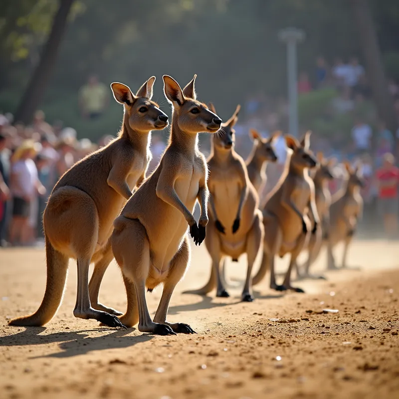 Competitive Leapers - A panoramic view of multiple muscular kangaroos in thick diapers, each taking turns to jump the farthest, with judges and spectators watching in anticipation. - AI image generated with Photorealistic 2