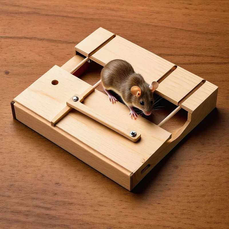 Complete Enclosure Rat Trap - This image depicts a wooden mouse trap that ensures the rat is fully hidden from sight. The design is straightforward, featuring a reliable locking mechanism and a smooth, plain wooden exterior prioritizing functionality. - AI image generated with Photorealistic