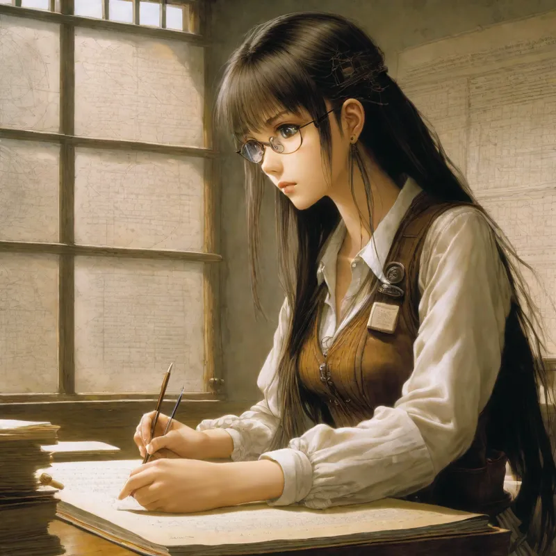 Confident Anime Mathletes - Anime girl taking a Math exam. She looks smart and confident. - AI image generated with Fictional - Luis Royo, vivid colors, ghibli