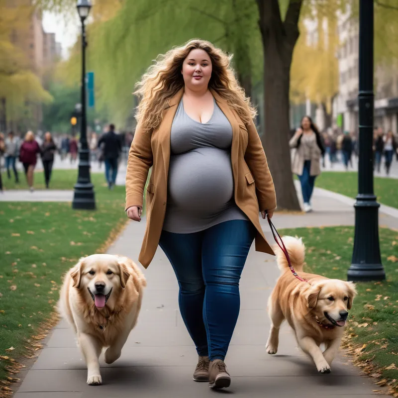Confident Park Stroll - A realistic full-body street-photography scene of a beautiful 30-year-old plus-size woman with a larger tummy walking confidently through a busy city park beside a friendly golden retriever. She has long wavy hair, full glamorous makeup, stylish figure-flattering clothing, and a calm elegant presence. City life rushes by around her in natural motion blur, contrasting with her composed stride. Green trees, park pathways, and subtle urban buildings appear in the background. Natural daylight, highly detailed skin texture, realistic hair movement, lifelike proportions, soft cinematic depth of field, high-resolution. - AI image generated with Photorealistic