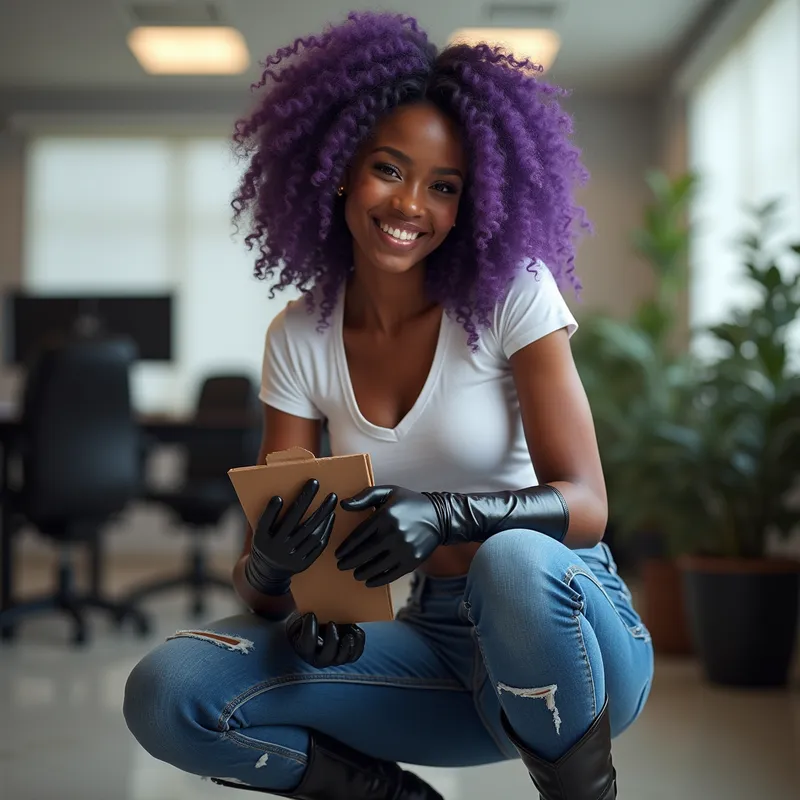 Confident Presence: Office Encounter - A magnificently beautiful African girl with eye-catching violet hair and a naughty glimmer in her eyes. Adorned in a deep v-neck white t-shirt, sleek glossy black leather gloves, and blue jeans tucked into knee-high shiny black stitched cowboy boots, she squats with her back partly turned, collecting a dossier from the ground, locking eyes with you and offering a commanding, dominant grin in an office environment. - AI image generated with Photorealistic 2