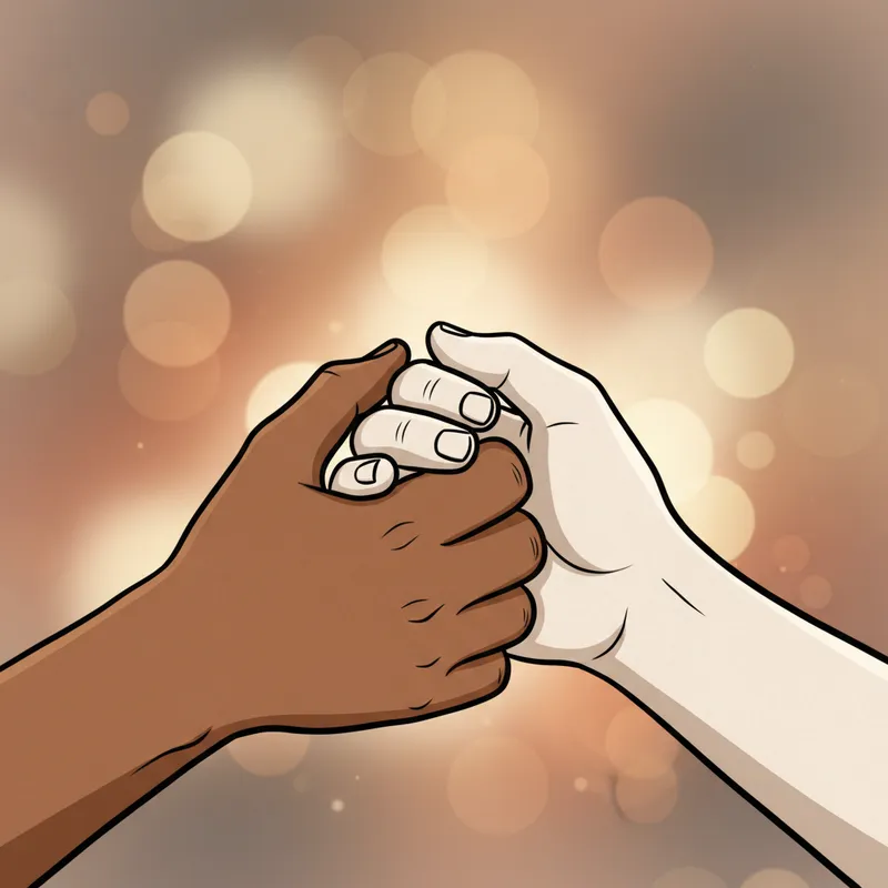 Connection - A simple and powerful shot of a brown and white hand holding each other tightly, with a soft focus that highlights the textures of the skin. - AI image generated with Nano Banana - cartoony
