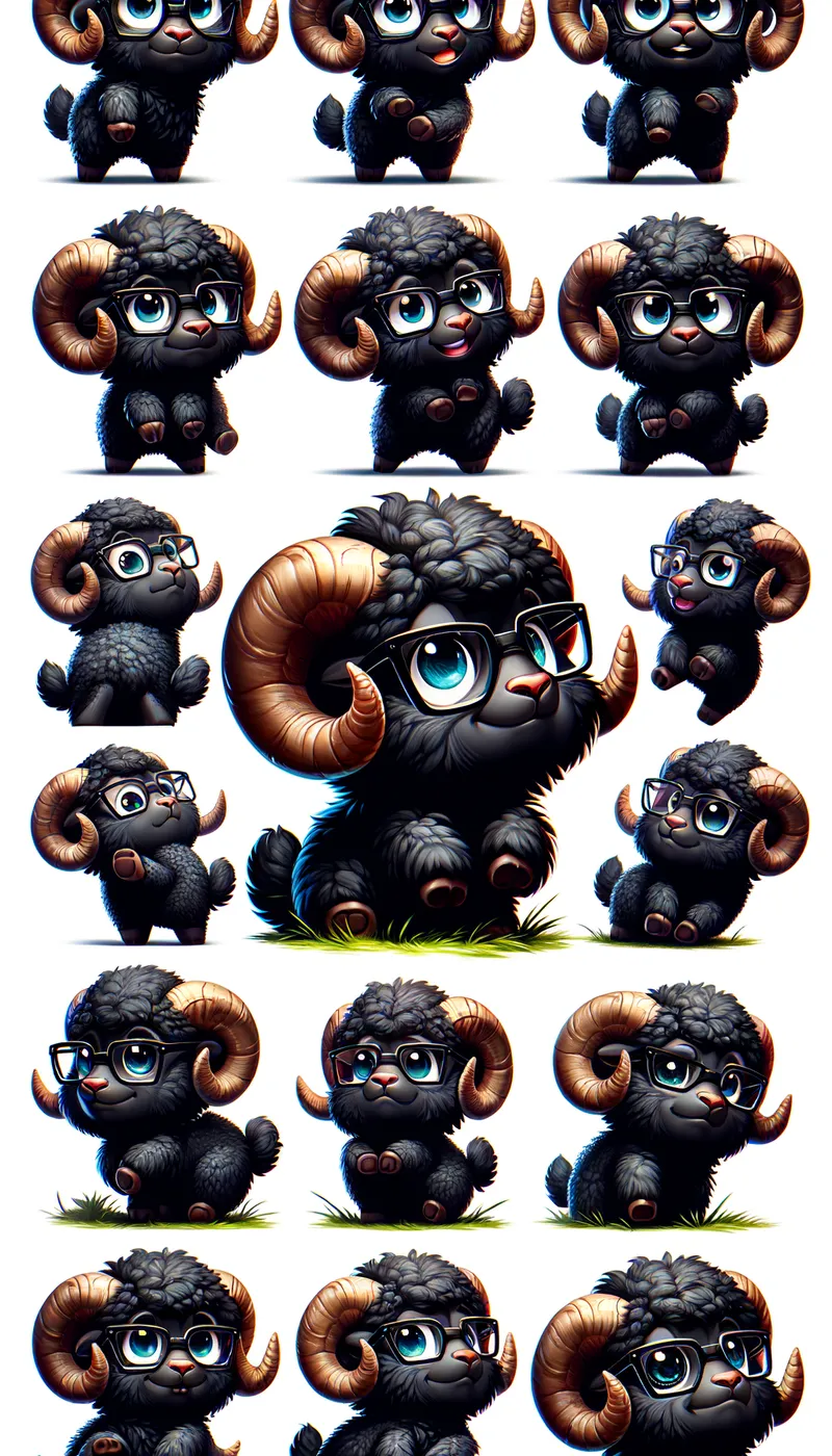 Consistent Character Sheet: Fluffy Ram with Glasses - Detailed character sheet featuring a cute fluffy black ram with glasses. The sheet showcases the ram in multiple poses, from different angles, and with diverse facial expressions. - AI image generated with Art - cartoony, photorealistic