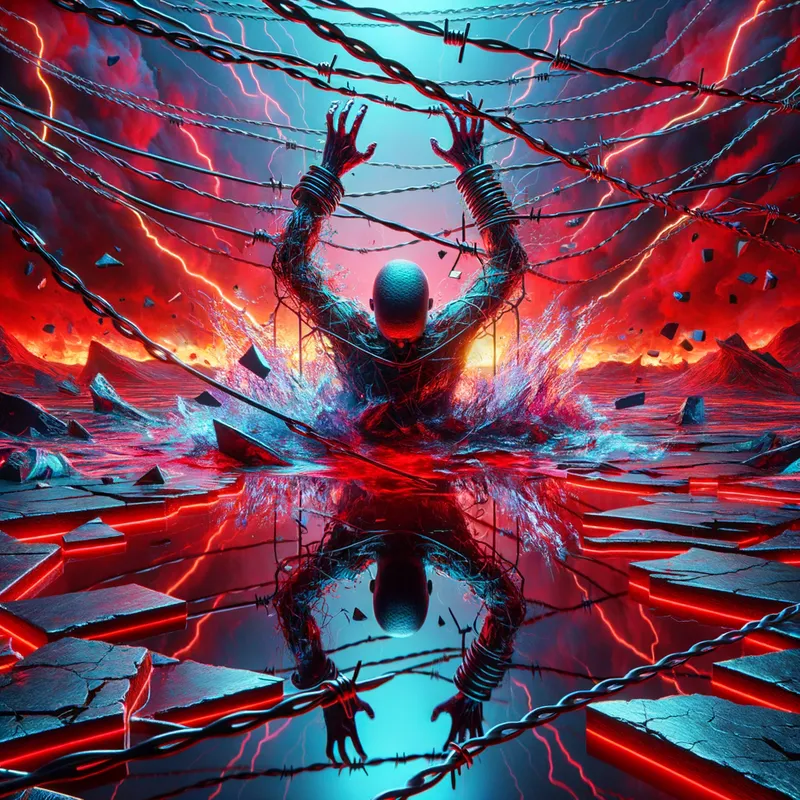 Consuming the Self - a dark and metaphoric piece that represents a human being destroying themselves over their own selfishness, a deep message of transparency, barbed wire and steel chains break through shards of glass, pools of dark red are on the floor, on their reflection below is a successful image, volts of electricity pump through the air throughout the background, 1080p, high definition, brilliant coloration - AI image generated with Art - hyper-surrealism, high dynamic range, hyper realistic