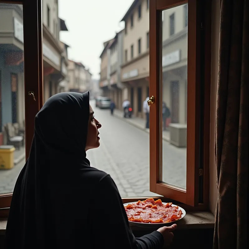 Contemplation - A thoughtful scene of a Muslim woman gazing at a plate of bacon through a window. The background shows a quiet street, and the indoor setting includes hints of traditional Muslim culture. - AI image generated with Photorealistic 2