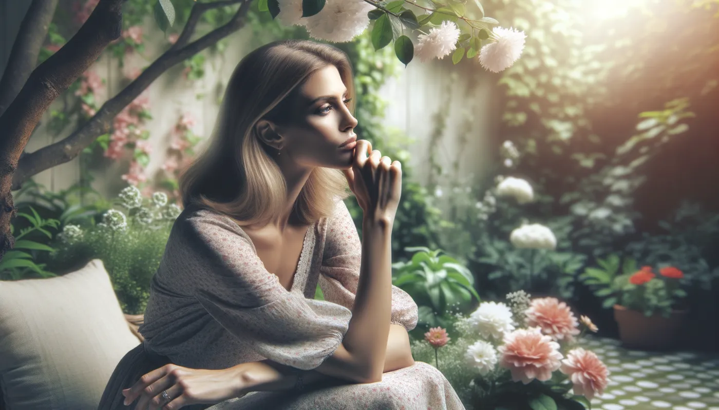 Contemplation in the Garden - A beautiful woman sitting in a lush garden, lost in thought about not marrying her fiancé. The background shows a peaceful yet slightly melancholic atmosphere, with blooming flowers and soft sunlight. - AI image generated with Art