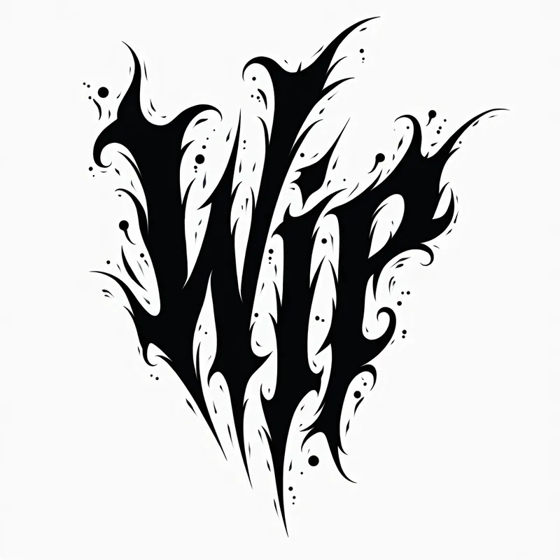 Contemporary WiP Tattoo - Black and white design with 'WiP' in a striking, bold, geometric font. The composition incorporates sharp, angular lines and intricate patterns, creating a contemporary look with tattoo-style lettering that draws attention. - AI image generated with Photorealistic 2