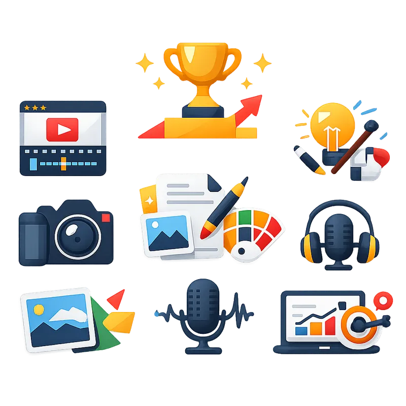 Content Creation Tools Icons - Give me a simplified but clear representation of the most impactful tools marketing teams use for content creation - show them as icons, no text., symbolizing success. - AI image generated with GPT Image