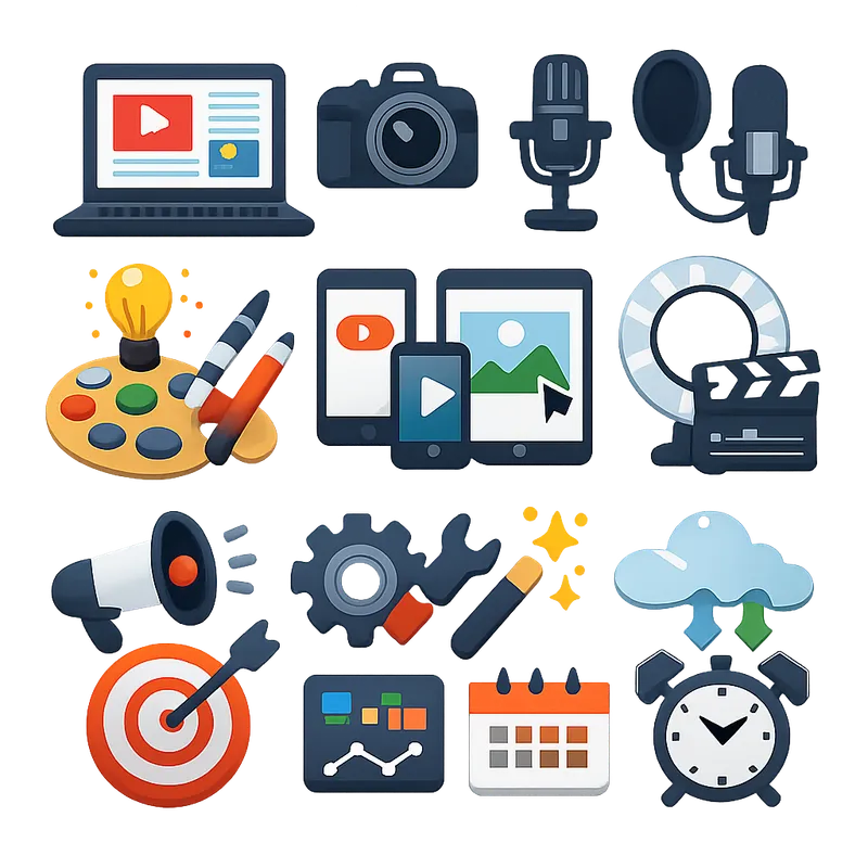 Content Marketing Toolkit Icons - Give me a simplified but clear representation of all the tools marketing teams need for content creation. Make it square with no text, just symbolized icons. - AI image generated with GPT Image