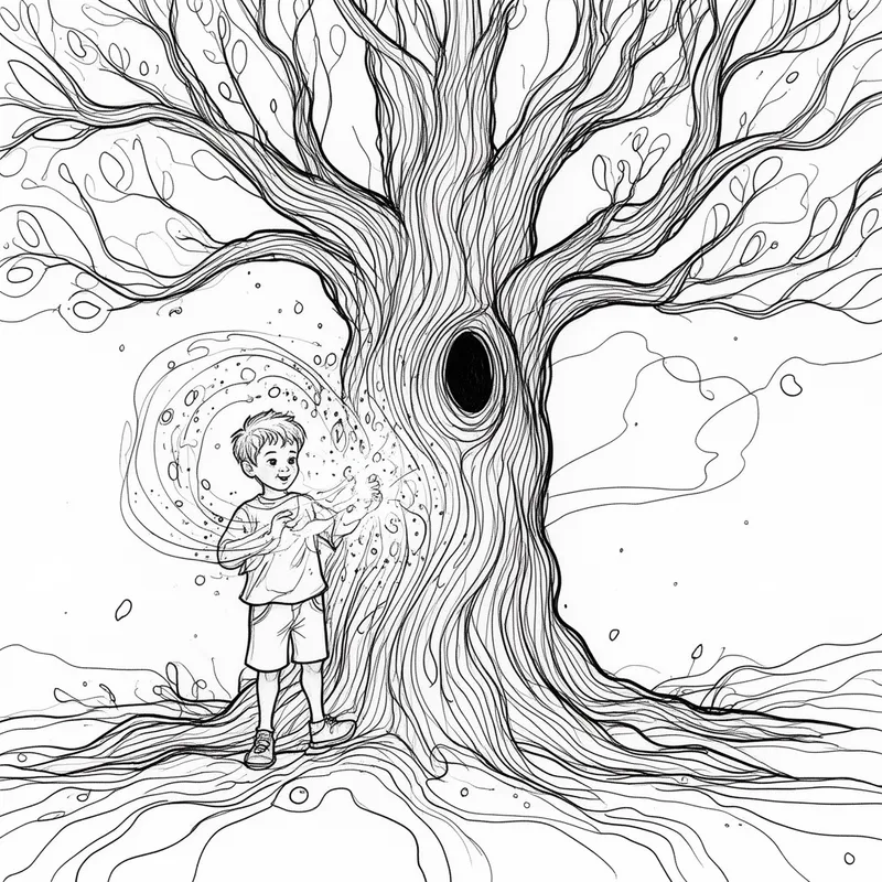 Contour Art: Boy Casting Magic on Tree - A boy using magic on a tree - AI image generated with Flux 2 - abstract, contour drawings