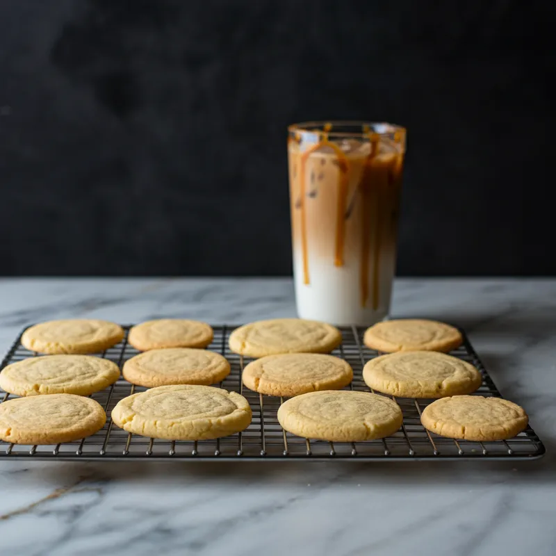 Cookie Batch - A cooling rack filled with identical sugar cookies set on a marble countertop, with a cold caramel iced coffee in the background adding to the scene - AI image generated with Imagen 3