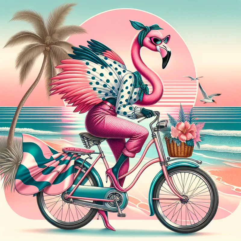 Cool Flamingo on Wheels - An eye-catching flamingo donned in retro chic clothes cruising on a bike, complete with cat-eye sunglasses, set against a pastel beach scene. - AI image generated with DALL-E 3