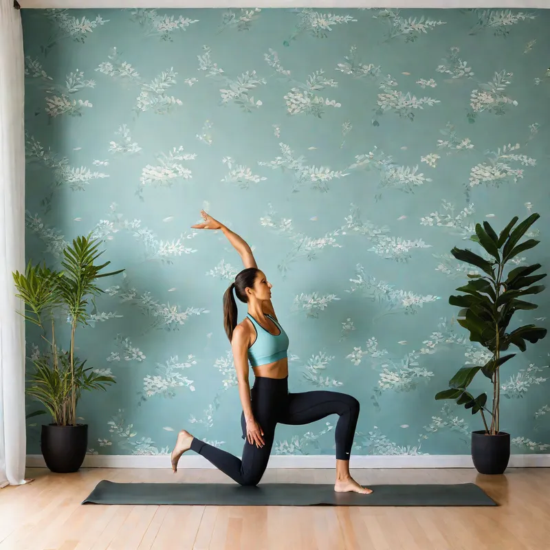 Cooldown Stretches - A calming wallpaper that illustrates the forward fold and deep lunge stretch exercises, providing a serene backdrop for post-workout cooldown. - AI image generated with Photorealistic