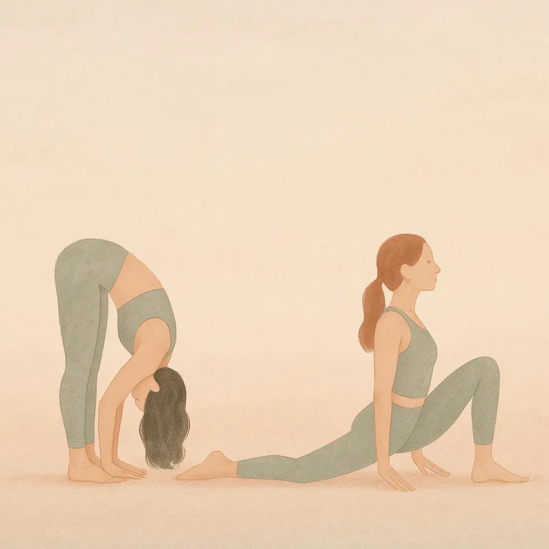 Cooldown Stretches - A calming wallpaper that illustrates the forward fold and deep lunge stretch exercises, providing a serene backdrop for post-workout cooldown. - AI image generated with GPT Image