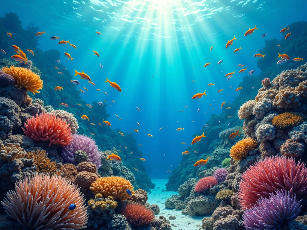Coral Reef - A vibrant underwater scene showcasing a diverse coral reef teeming with colorful fish and marine life. - AI image generated with Photorealistic 2