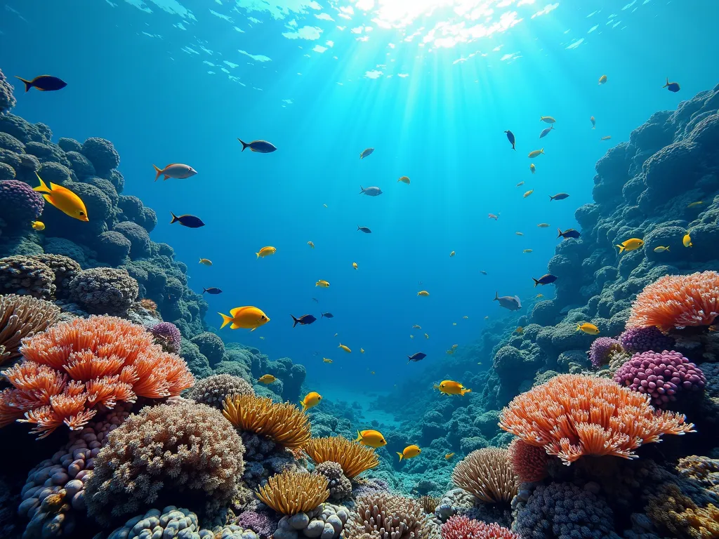 Coral Wonderland - An underwater scene showcasing vibrant coral reefs teeming with various marine life in crystal clear blue water. - AI image generated with Photorealistic 2
