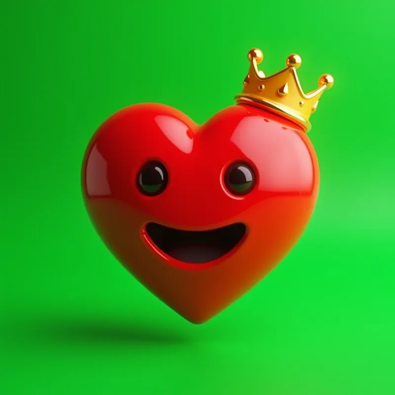 Corazón Real Brillante - Un corazón rojo 3D con rostro feliz, ojos amigables y corona dorada animada, flotando en el centro de una composición limpia con fondo verde croma #00FF00 totalmente uniforme. Movimiento principal de flotación en 3D con desplazamientos suaves izquierda-derecha y arriba-abajo, más rotación ligera sobre ejes X e Y para dar sensación de suspensión energética. Cada 2-3 segundos, emitir una onda expansiva luminosa tipo pulse shockwave que genera un glow burst circular alrededor del corazón. Las partículas brillantes y destellos se dispersan en profundidad tridimensional y luego regresan lentamente hacia el centro. La corona realiza pequeños rebotes y una rotación suave continua. Añadir profundidad mediante parallax 3D con distintas velocidades según distancia de partículas. Aplicar movimiento de cámara con paneo lateral delicado y micro zoom dinámico. Estilo visual vibrante, glossy, moderno, con luz intensa y animación llamativa tipo motion graphics premium. El fondo verde debe permanecer completamente intacto, liso, uniforme, sin sombras ni gradientes, optimizado para chroma key. - AI image generated with Photorealistic 2
