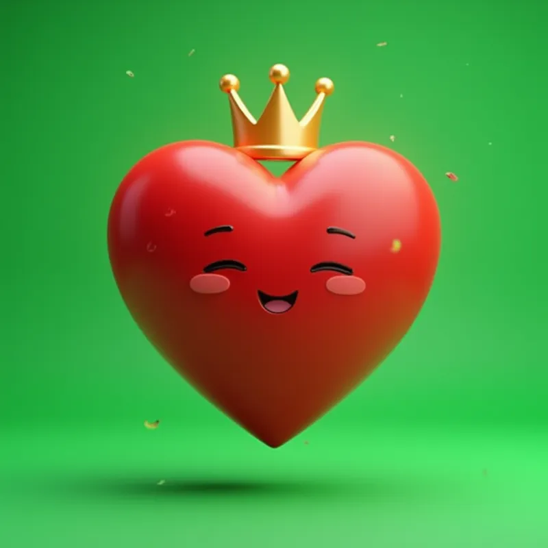 Corazón Viral 3D Chroma - Animar un corazón 3D rojo con expresión alegre y corona dorada flotando en el centro del encuadre, sobre fondo verde croma sólido #00FF00 limpio, plano y uniforme. El personaje realiza un movimiento de flotación energética con suaves desplazamientos laterales y verticales, junto con ligeras inclinaciones y rotaciones en los ejes X e Y. Cada 2-3 segundos se activa una onda de energía brillante que expande un halo luminoso a su alrededor. Los destellos y partículas responden dispersándose hacia afuera en espacio 3D y retornando después con movimiento lento y elegante. La corona acompaña con micro rebotes y giro sutil. Incluir efecto parallax 3D realista para acentuar profundidad, con partículas cercanas moviéndose más rápido que las lejanas. Cámara en paneo lateral suave con micro zoom rítmico estilo reel viral. Visual colorido, moderno, muy brillante, iluminación intensa, motion graphics atractivo y fluido. Importante: no alterar el fondo verde; mantenerlo completamente uniforme, sin sombras, sin gradientes, listo para chroma key. - AI image generated with Photorealistic 2