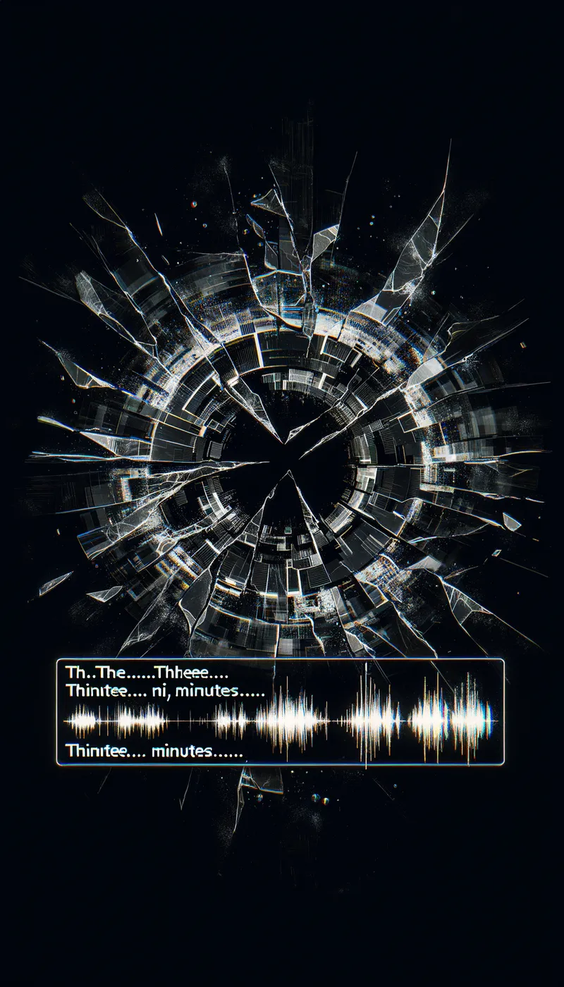Corrupted AI Fracture - A black screen with fractures resembling broken glass, with a corrupted AI voice stuttering 'Th-th-three… mi… minutes…' - AI image generated with Art