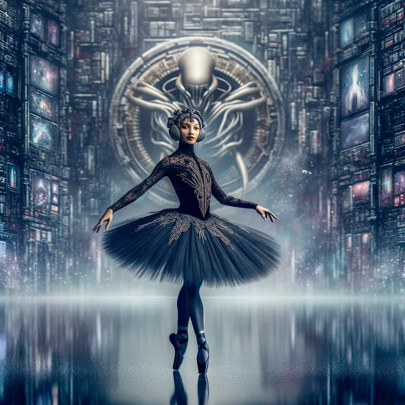 Cosmic Ballet - A mesmerizing image of a Hispanic ballerina in a black neoprene suit inspired by a xenomorph. She stands en pointe in black ballet shoes, her form illuminated by a hauntingly beautiful, ethereal glow in a darkened theater. - AI image generated with Art - Giger